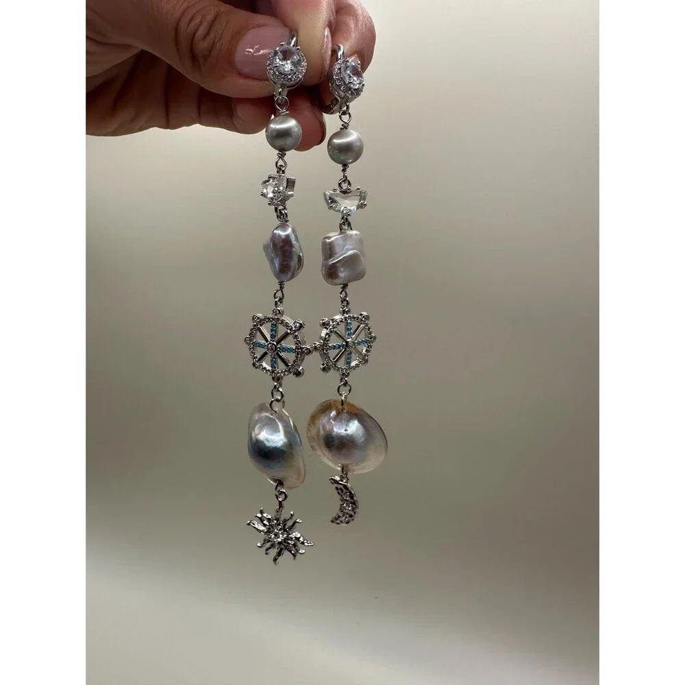Extra Long Mabe Pearl Statement Earrings, Sea Gray Square & Round Pearls, Crysta
